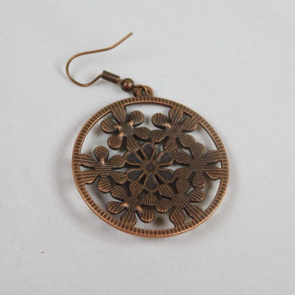 Flower Power Boho Bronze Tone Round Drop Earrings Multicolor Cutout 2.25" Dia - Picture 6 of 7